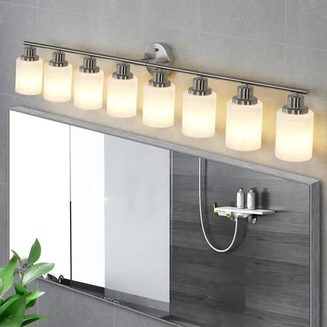 Alt view image 2 of 7 - 52" Modern 8-Light Vanity Wall Sconce, Brushed Nickel Finish with Frosted Glass Shades for Bathroom Or Hallway Lighting (No Bulbs)