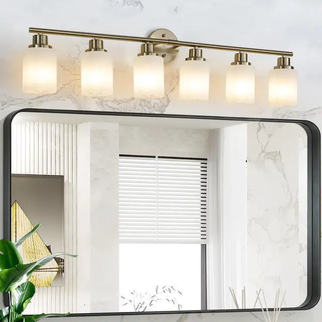 Main image of 39" Modern 6-Light Vanity Wall Sconce, Golden Finish with Frosted Glass Shades for Bathroom Or Hallway Lighting (No Bulbs)