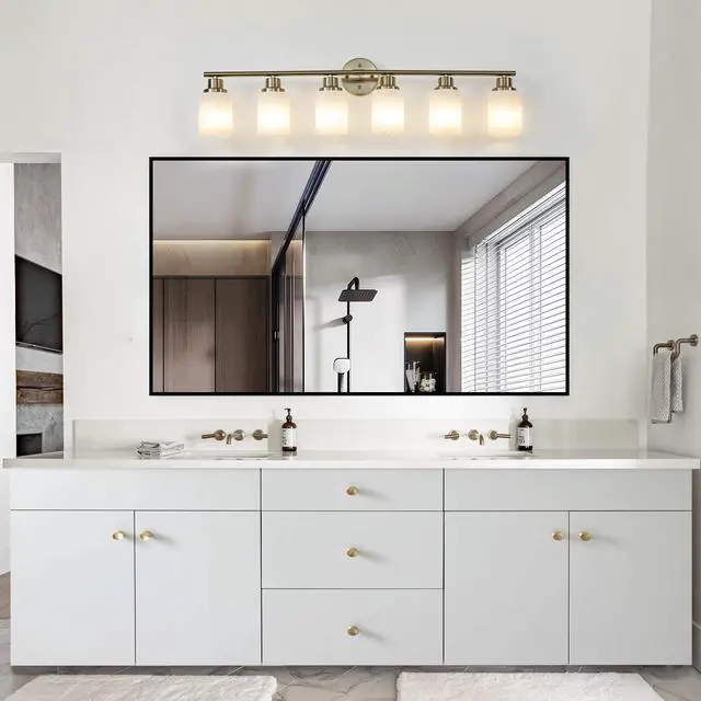 Alt view image 3 of 7 - 39" Modern 6-Light Vanity Wall Sconce, Golden Finish with Frosted Glass Shades for Bathroom Or Hallway Lighting (No Bulbs)