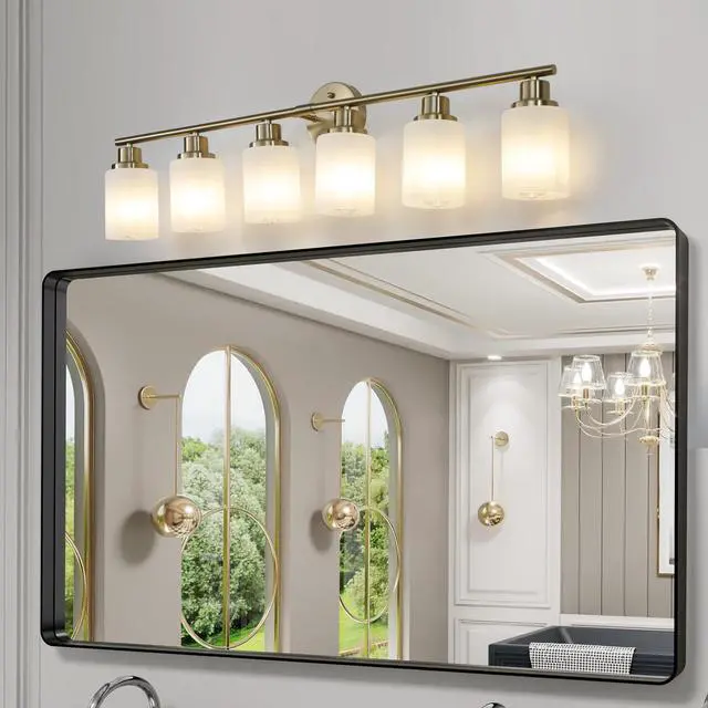 Alt view image 2 of 7 - 39" Modern 6-Light Vanity Wall Sconce, Golden Finish with Frosted Glass Shades for Bathroom Or Hallway Lighting (No Bulbs)