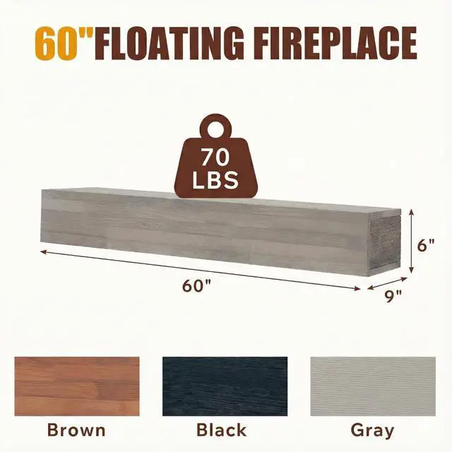 Alt view image 2 of 7 - 60" Rustic Wood Fireplace Mantel,Wall-Mounted & Floating Shelf For Home Decor