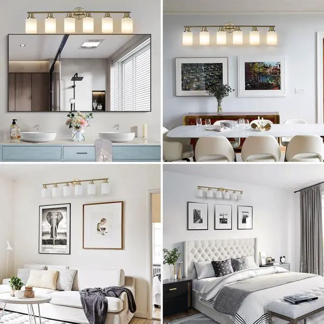 Alt view image 5 of 7 - 39" Modern 6-Light Vanity Wall Sconce, Golden Finish with Frosted Glass Shades for Bathroom Or Hallway Lighting (No Bulbs)