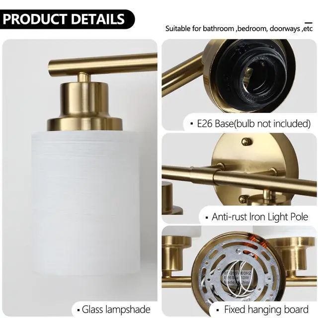 Alt view image 6 of 7 - 39" Modern 6-Light Vanity Wall Sconce, Golden Finish with Frosted Glass Shades for Bathroom Or Hallway Lighting (No Bulbs)
