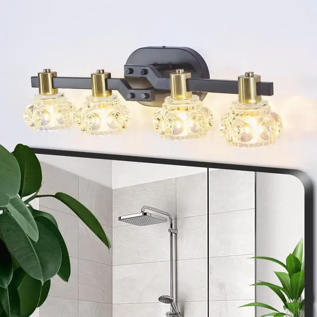 Alt view image 2 of 7 - 24" Vintage 4-Light Wall Sconce with Clear Crystal Shades, Black Iron Finish Vanity Light Fixture for Bathroom Or Hallway (No Bulbs)