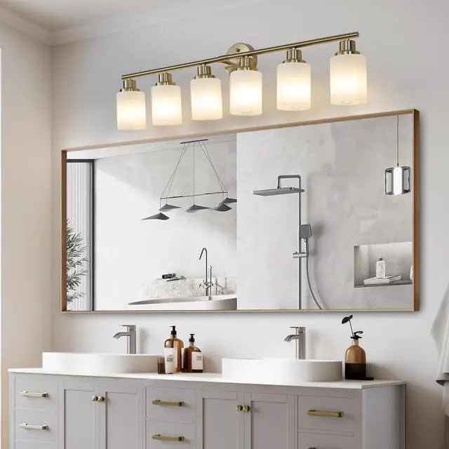 Alt view image 4 of 7 - 39" Modern 6-Light Vanity Wall Sconce, Golden Finish with Frosted Glass Shades for Bathroom Or Hallway Lighting (No Bulbs)