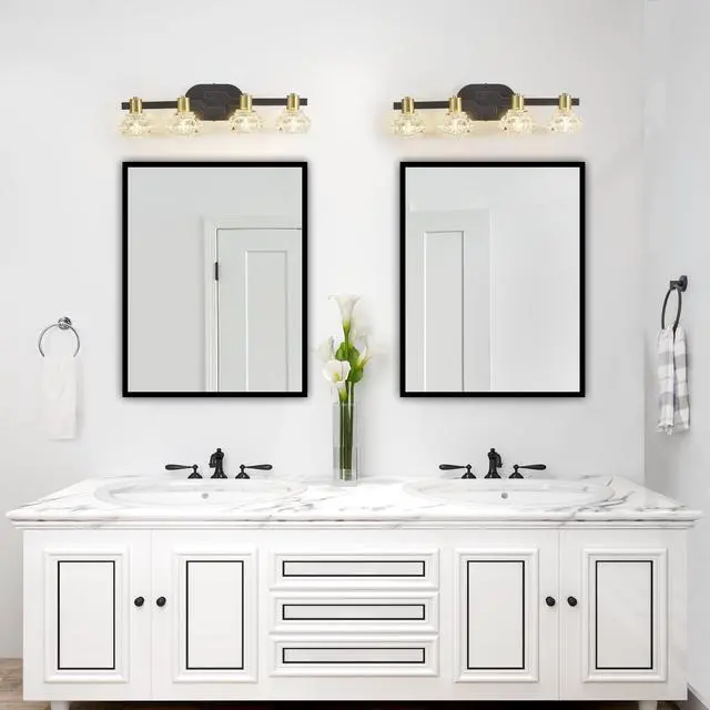 Alt view image 3 of 7 - 24" Vintage 4-Light Wall Sconce with Clear Crystal Shades, Black Iron Finish Vanity Light Fixture for Bathroom Or Hallway (No Bulbs)