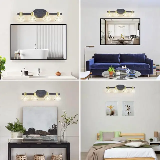 Alt view image 4 of 7 - 24" Vintage 4-Light Wall Sconce with Clear Crystal Shades, Black Iron Finish Vanity Light Fixture for Bathroom Or Hallway (No Bulbs)