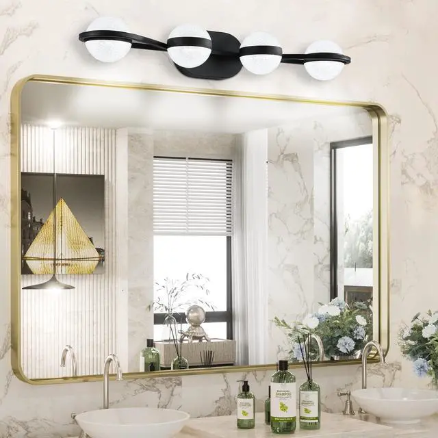 Main image of 30" Black Minimalist Led Bathroom Vanity Light with Crystal Sand Acrylic Shades, 4-Light Wall Mounted Decorative Lighting Fixture, Suitable for Bathroom Vanity Mirror
