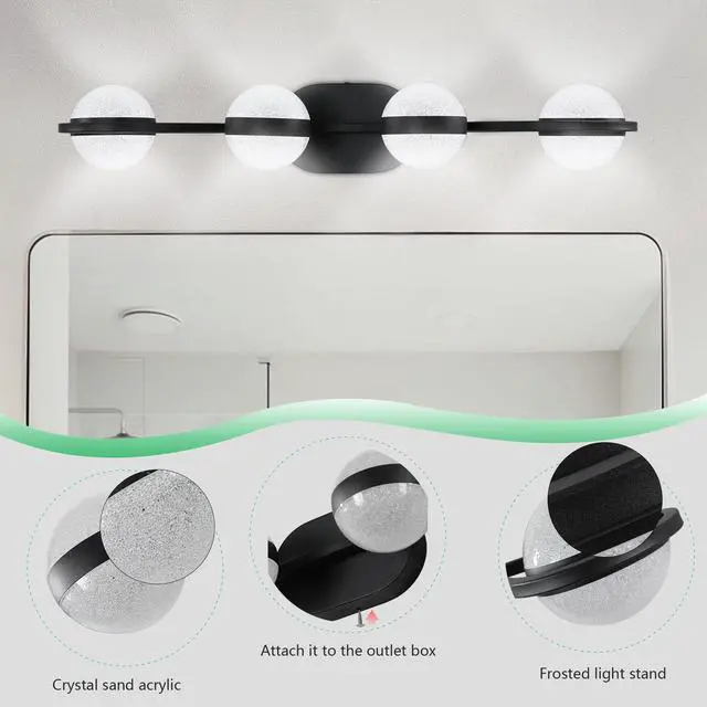 Alt view image 5 of 7 - 30" Black Minimalist Led Bathroom Vanity Light with Crystal Sand Acrylic Shades, 4-Light Wall Mounted Decorative Lighting Fixture, Suitable for Bathroom Vanity Mirror