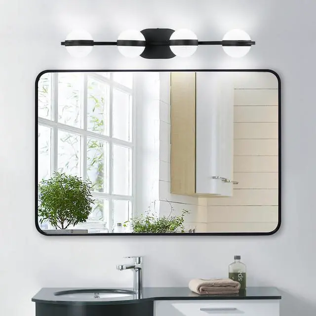 Alt view image 3 of 7 - 30" Black Minimalist Led Bathroom Vanity Light with Crystal Sand Acrylic Shades, 4-Light Wall Mounted Decorative Lighting Fixture, Suitable for Bathroom Vanity Mirror
