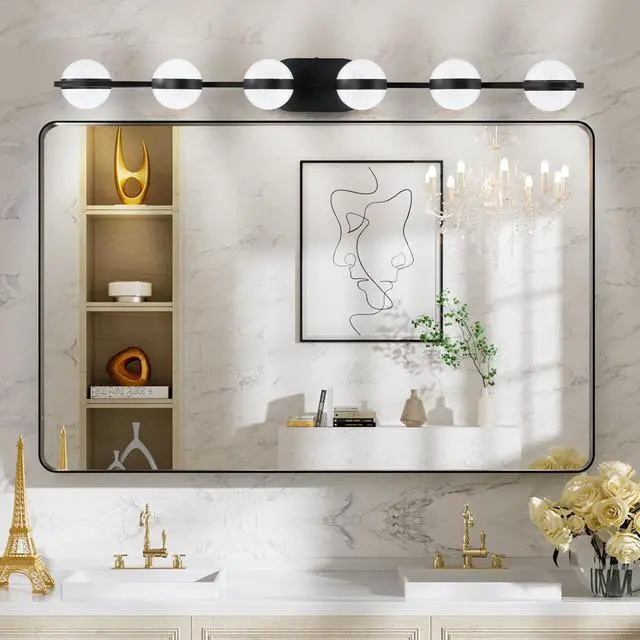 Alt view image 2 of 7 - 43" Black Minimalist Led Bathroom Vanity Light with Crystal Sand Acrylic Shades,6-Light Wall Mounted Decorative Lighting Fixture, Suitable for Bathroom Vanity Mirror