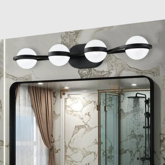 Alt view image 2 of 7 - 30" Black Minimalist Led Bathroom Vanity Light with Crystal Sand Acrylic Shades, 4-Light Wall Mounted Decorative Lighting Fixture, Suitable for Bathroom Vanity Mirror