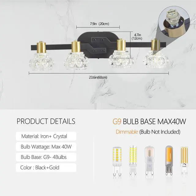 Alt view image 7 of 7 - 24" Vintage 4-Light Wall Sconce with Clear Crystal Shades, Black Iron Finish Vanity Light Fixture for Bathroom Or Hallway (No Bulbs)