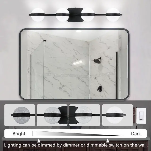 Alt view image 6 of 7 - 30" Black Minimalist Led Bathroom Vanity Light with Crystal Sand Acrylic Shades, 4-Light Wall Mounted Decorative Lighting Fixture, Suitable for Bathroom Vanity Mirror
