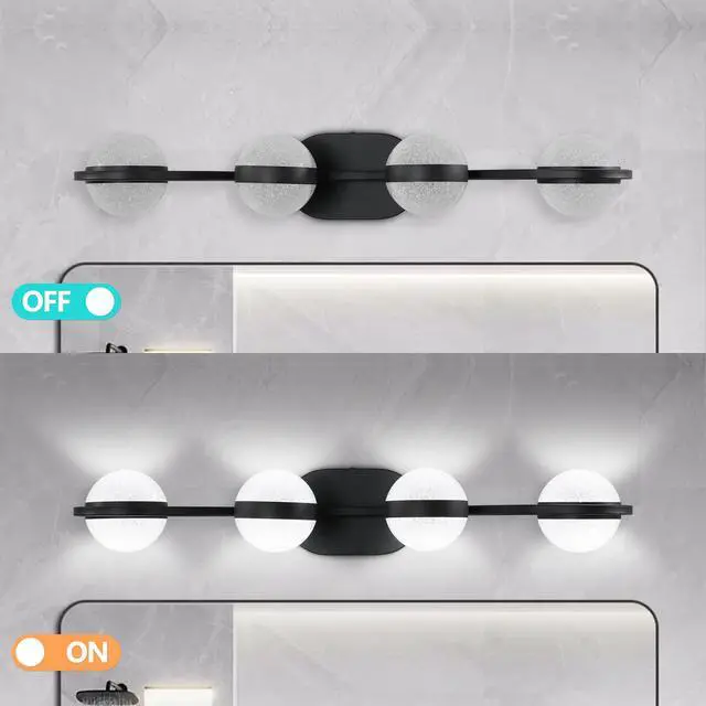 Alt view image 4 of 7 - 30" Black Minimalist Led Bathroom Vanity Light with Crystal Sand Acrylic Shades, 4-Light Wall Mounted Decorative Lighting Fixture, Suitable for Bathroom Vanity Mirror