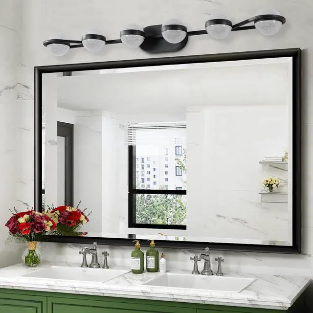 Alt view image 4 of 7 - 43" Black Minimalist Led Bathroom Vanity Light with Crystal Sand Acrylic Shades,6-Light Wall Mounted Decorative Lighting Fixture, Suitable for Bathroom Vanity Mirror