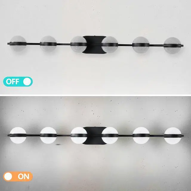 Alt view image 7 of 7 - 43" Black Minimalist Led Bathroom Vanity Light with Crystal Sand Acrylic Shades,6-Light Wall Mounted Decorative Lighting Fixture, Suitable for Bathroom Vanity Mirror