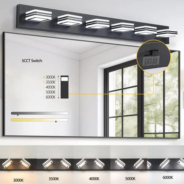 Alt view image 5 of 7 - 40" Modern 6-Light Led Vanity Light - Sleek Bathroom Wall Fixture, Iron & Acrylic, Dimmable & Energy-Efficient, Ideal for Mirror Lighting