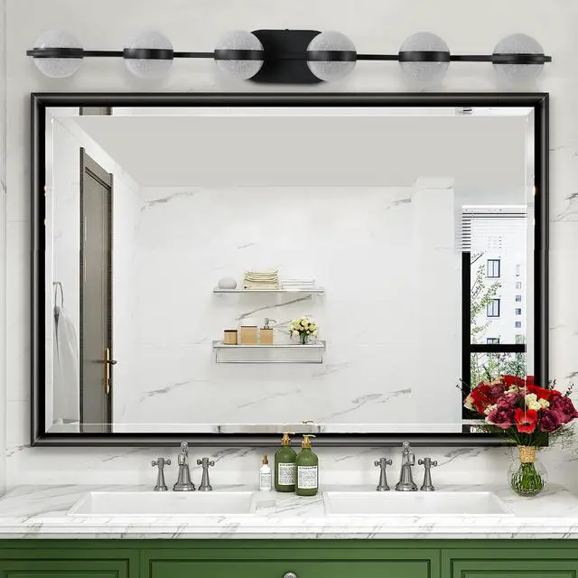 Alt view image 3 of 7 - 43" Black Minimalist Led Bathroom Vanity Light with Crystal Sand Acrylic Shades,6-Light Wall Mounted Decorative Lighting Fixture, Suitable for Bathroom Vanity Mirror