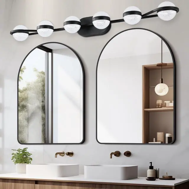 Alt view image 5 of 7 - 43" Black Minimalist Led Bathroom Vanity Light with Crystal Sand Acrylic Shades,6-Light Wall Mounted Decorative Lighting Fixture, Suitable for Bathroom Vanity Mirror