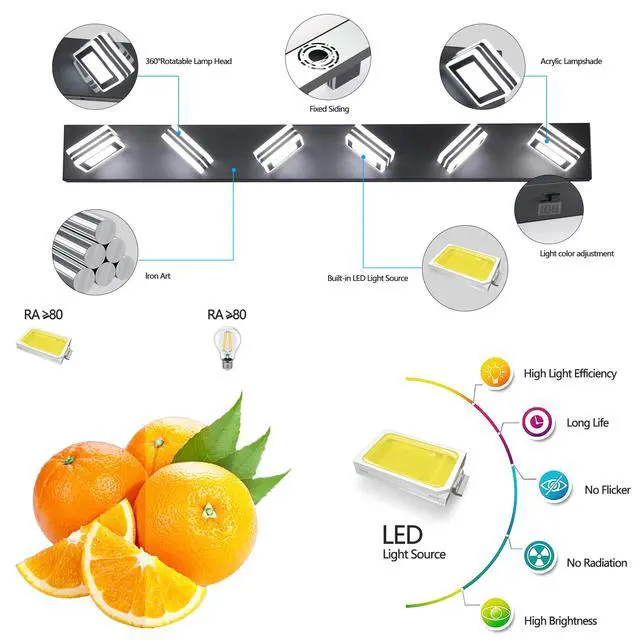Alt view image 6 of 7 - 40" Modern 6-Light Led Vanity Light - Sleek Bathroom Wall Fixture, Iron & Acrylic, Dimmable & Energy-Efficient, Ideal for Mirror Lighting