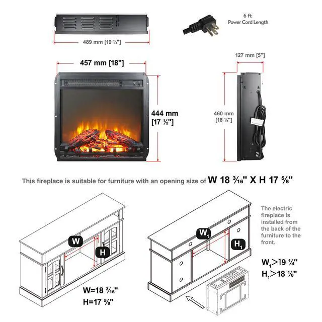 Alt view image 4 of 7 - 18 Inch Electric Fireplace Insert, Ultra Thin Heater With Log Set & Realistic Flame, Overheating Protection