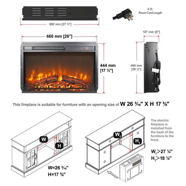 Alt view image 6 of 7 - 26 Inch Electric Fireplace Insert, Ultra Thin Heater With Log Set & Realistic Flame, Remote Control With Timer, Overheating Protection