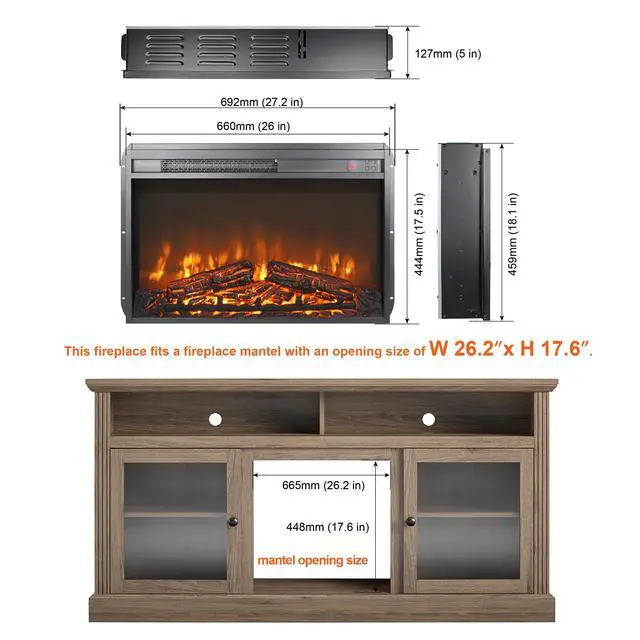 Alt view image 7 of 7 - 26 Inch Electric Fireplace Insert, Ultra Thin Heater With Log Set & Realistic Flame, Remote Control With Timer, Overheating Protection