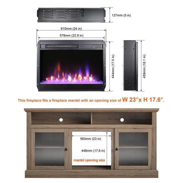 Alt view image 2 of 7 - 23 Inch Electric Fireplace Insert, Ultra Thin Heater With Crystal & Realistic Flame, Remote Control With Timer, Overheating Protection,With Sidelight