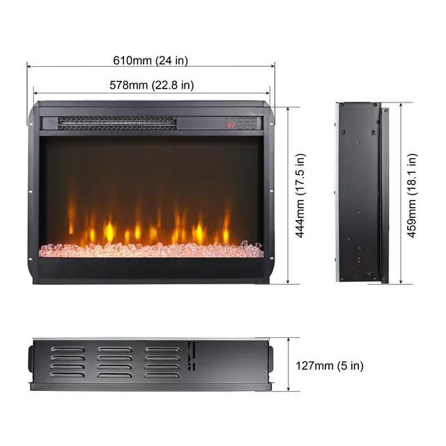 Alt view image 3 of 7 - 23 Inch Electric Fireplace Insert, Ultra Thin Heater With Crystal & Realistic Flame, Remote Control With Timer, Overheating Protection,With Sidelight