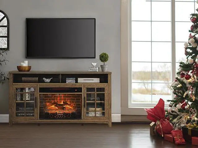 Alt view image 4 of 7 - 55 Inch Tv Media Stand With Electric Fireplace Kd Inserts Heater,Reclaimed Barnwood Color