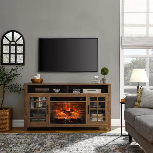 Alt view image 2 of 7 - 55 Inch Tv Media Stand With Electric Fireplace Kd Inserts Heater,Reclaimed Barnwood Color