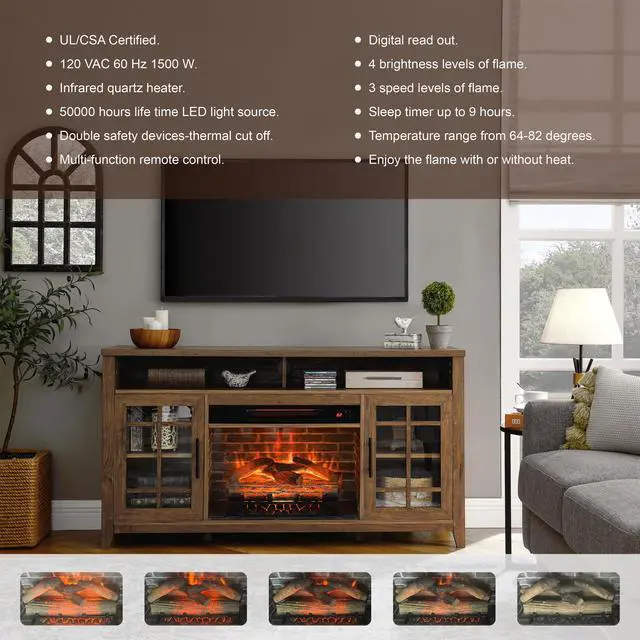 Alt view image 3 of 7 - 55 Inch Tv Media Stand With Electric Fireplace Kd Inserts Heater,Reclaimed Barnwood Color