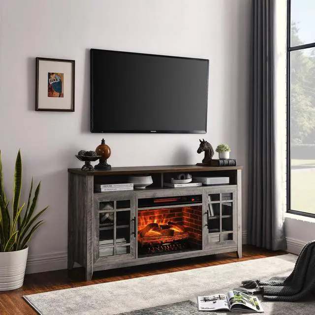 Alt view image 2 of 7 - 55 Inch Tv Media Stand With Electric Fireplace Kd Inserts Heater,Gray Wash Color
