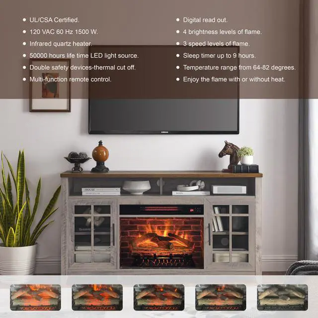 Alt view image 4 of 7 - 55 Inch Tv Media Stand With Electric Fireplace Kd Inserts Heater,Gray Wash Color