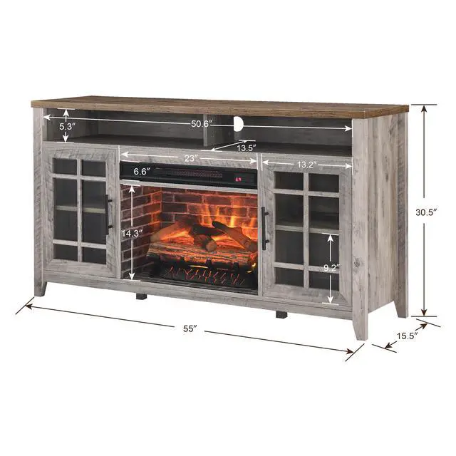 Alt view image 5 of 7 - 55 Inch Tv Media Stand With Electric Fireplace Kd Inserts Heater,Gray Wash Color