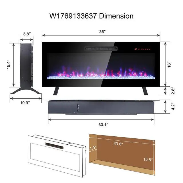 Alt view image 5 of 7 - 36 Inch Recessed Ultra Thin Tempered Glass Front Wall Mounted Electric Fireplace With Remote And Multi Color Flame & Emberbed, Led Light Heater