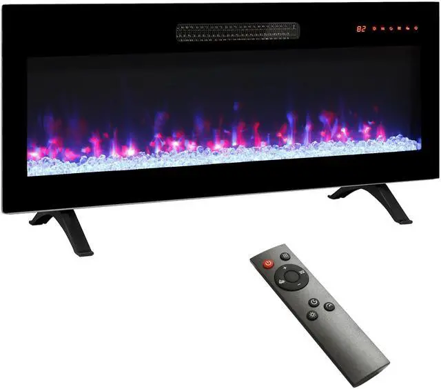 Main image of 36 Inch Recessed Ultra Thin Tempered Glass Front Wall Mounted Electric Fireplace With Remote And Multi Color Flame & Emberbed, Led Light Heater