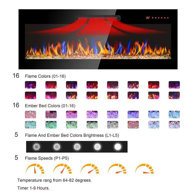 Alt view image 2 of 7 - 36 Inch Recessed Ultra Thin Tempered Glass Front Wall Mounted Electric Fireplace With Remote And Multi Color Flame & Emberbed, Led Light Heater