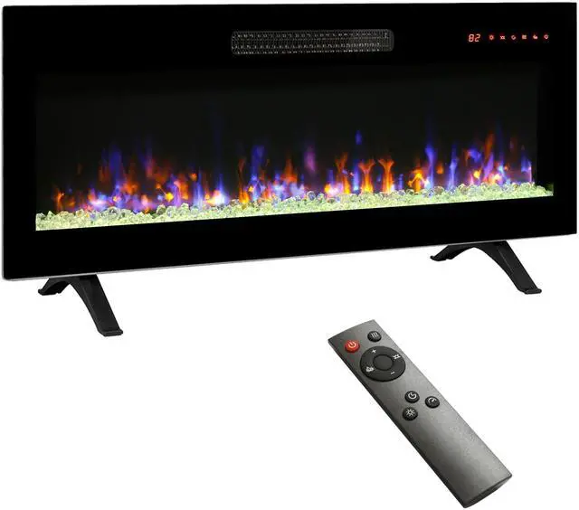 Main image of 42 Inch Recessed Ultra Thin Tempered Glass Front Wall Mounted Electric Fireplace With Remote And Multi Color Flame & Emberbed, Led Light Heater