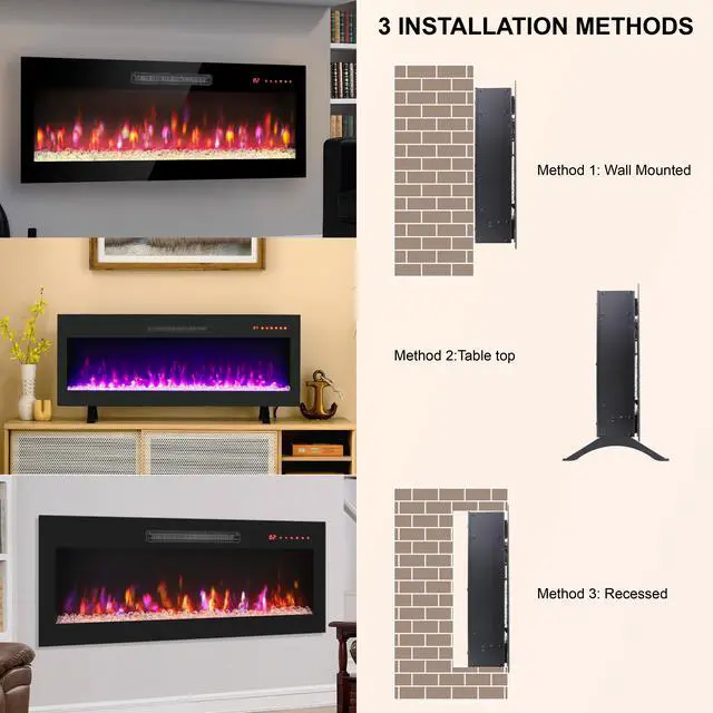 Alt view image 4 of 7 - 36 Inch Recessed Ultra Thin Tempered Glass Front Wall Mounted Electric Fireplace With Remote And Multi Color Flame & Emberbed, Led Light Heater