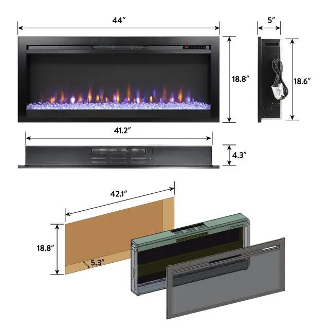 Alt view image 2 of 7 - 44 Inch In Wall Recessed Electric Fireplace With Remote And Multi Color Flame & Emberbed, Led Light Heater