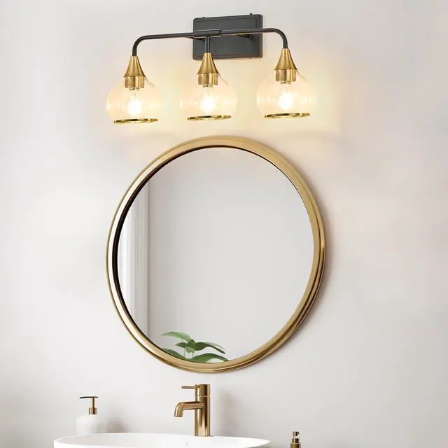 Alt view image 3 of 7 - 23" Modern 3-Light Vanity Wall Sconce - Black and Gold Bathroom Light Fixture with Clear Glass Shades, industrial Wall Mounted Lamp for Mirror, Vanity, and Living Spaces (Bulb Not included)