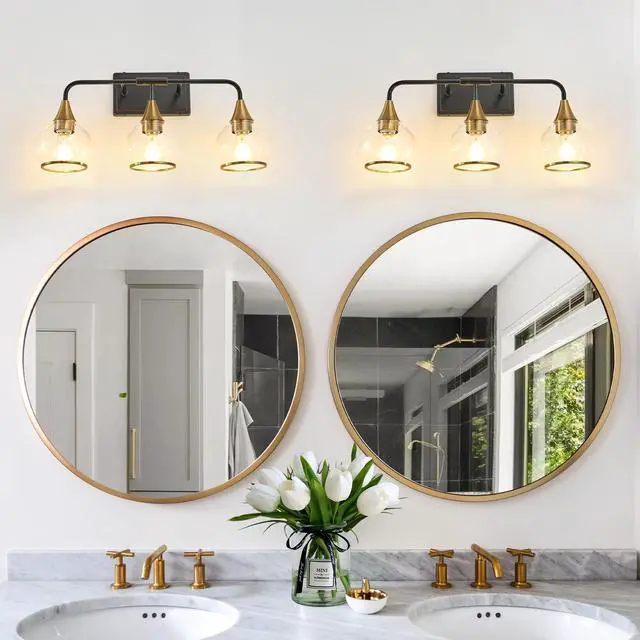 Alt view image 5 of 7 - 23" Modern 3-Light Vanity Wall Sconce - Black and Gold Bathroom Light Fixture with Clear Glass Shades, industrial Wall Mounted Lamp for Mirror, Vanity, and Living Spaces (Bulb Not included)