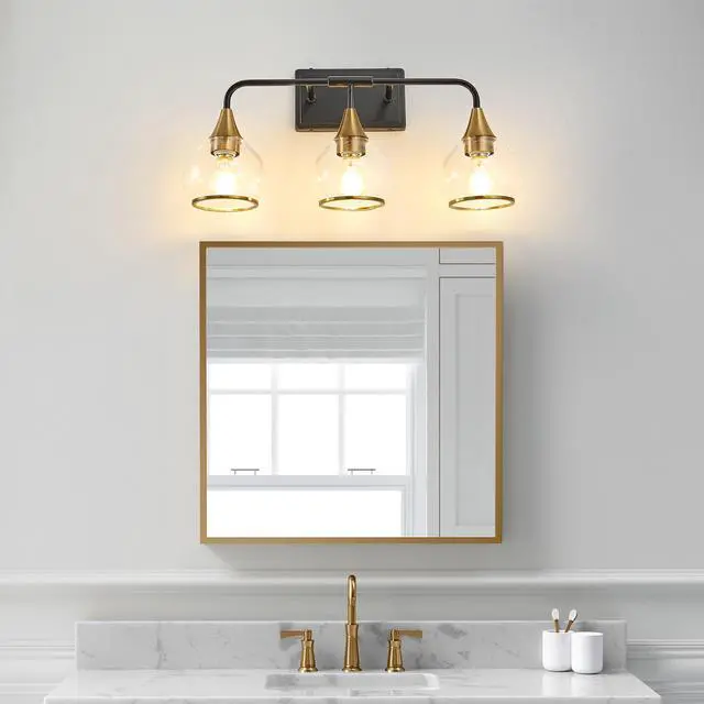 Alt view image 2 of 7 - 23" Modern 3-Light Vanity Wall Sconce - Black and Gold Bathroom Light Fixture with Clear Glass Shades, industrial Wall Mounted Lamp for Mirror, Vanity, and Living Spaces (Bulb Not included)