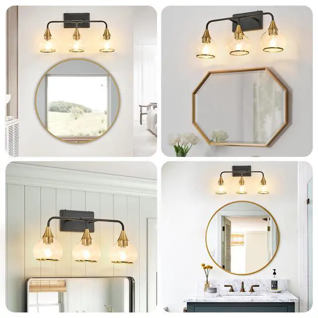 Alt view image 6 of 7 - 23" Modern 3-Light Vanity Wall Sconce - Black and Gold Bathroom Light Fixture with Clear Glass Shades, industrial Wall Mounted Lamp for Mirror, Vanity, and Living Spaces (Bulb Not included)