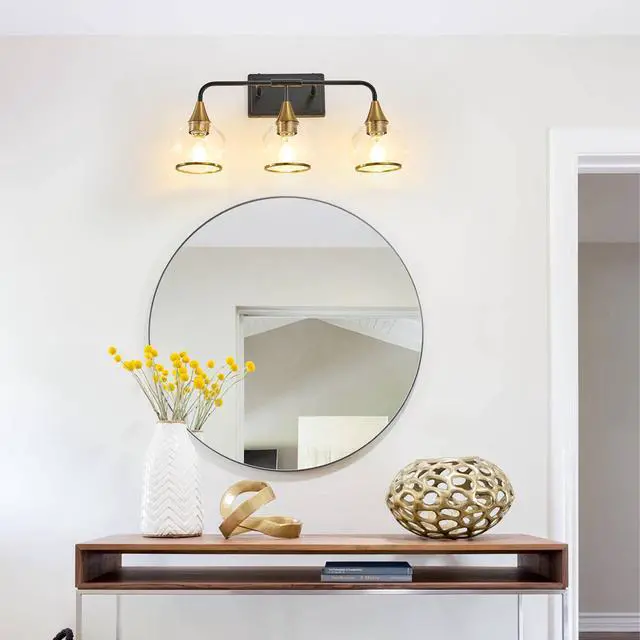 Alt view image 4 of 7 - 23" Modern 3-Light Vanity Wall Sconce - Black and Gold Bathroom Light Fixture with Clear Glass Shades, industrial Wall Mounted Lamp for Mirror, Vanity, and Living Spaces (Bulb Not included)
