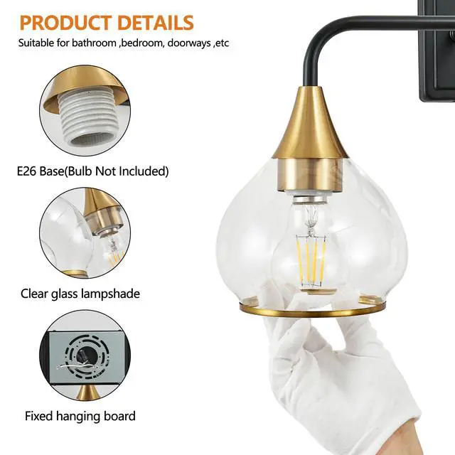 Alt view image 7 of 7 - 23" Modern 3-Light Vanity Wall Sconce - Black and Gold Bathroom Light Fixture with Clear Glass Shades, industrial Wall Mounted Lamp for Mirror, Vanity, and Living Spaces (Bulb Not included)