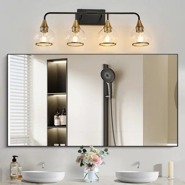 Alt view image 2 of 7 - 31" Modern 4-Light Vanity Wall Sconce - Black and Gold Bathroom Light Fixture with Clear Glass Shades, industrial Wall Mounted Lamp for Mirror, Vanity, and Living Spaces (Bulb Not included)