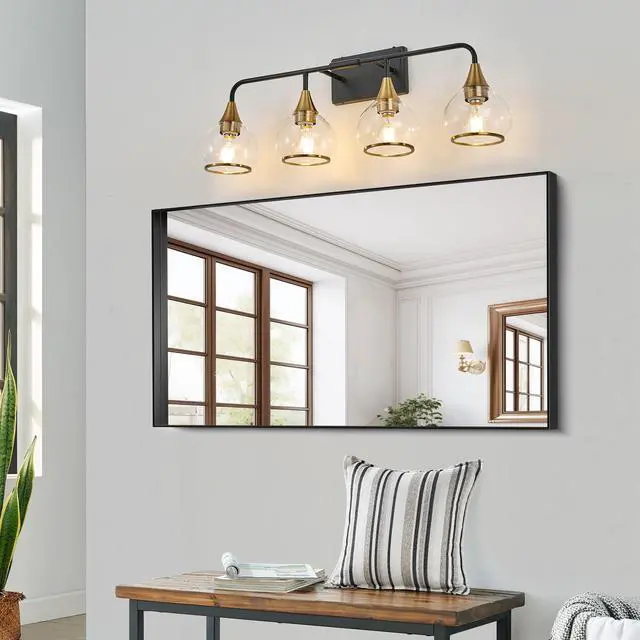 Alt view image 3 of 7 - 31" Modern 4-Light Vanity Wall Sconce - Black and Gold Bathroom Light Fixture with Clear Glass Shades, industrial Wall Mounted Lamp for Mirror, Vanity, and Living Spaces (Bulb Not included)